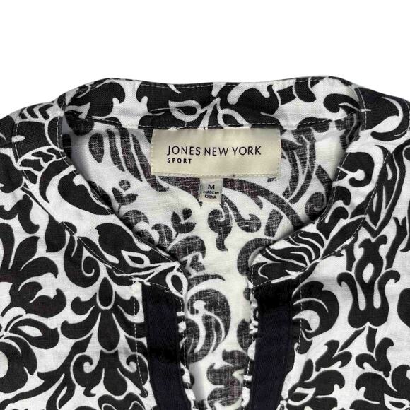 Jones New York Sport Womens Medium Tunic Top Black White Damask Print 3/4 Sleeve - Picture 3 of 11